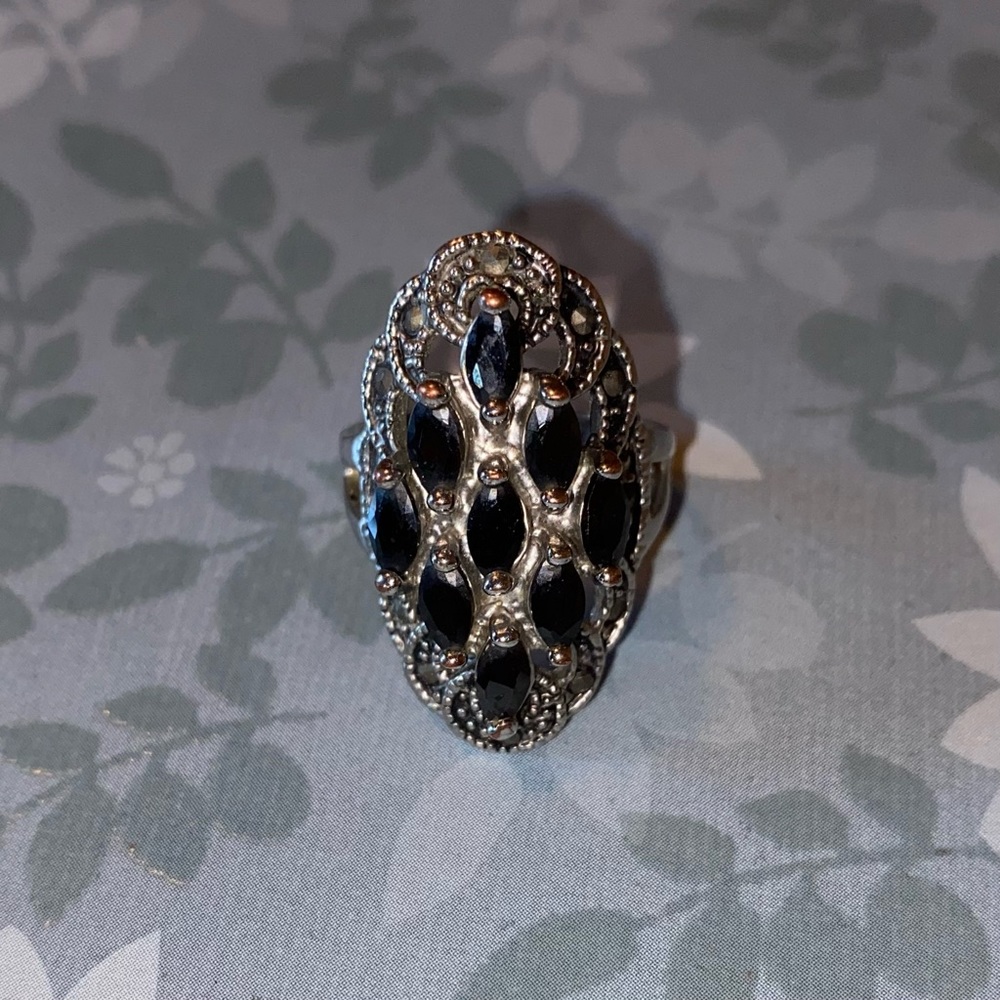 Woman’s Silver Ring with Black Faux Stones - Bling!